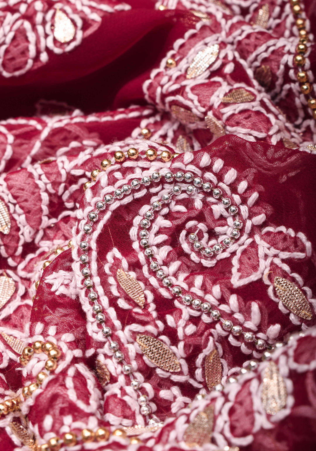 Authentic Hand Chikankari with Gotta Work on Maroon Georgette Saree and Fusion Kanjivaram Border