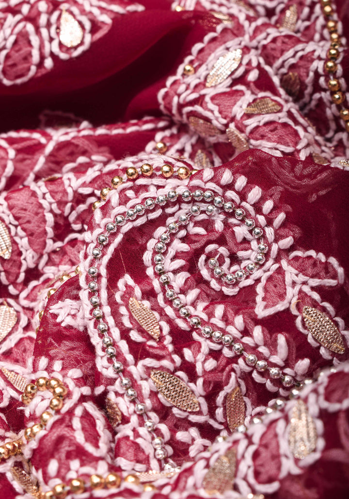 Authentic Hand Chikankari with Gotta Work on Maroon Georgette Saree and Fusion Kanjivaram Border