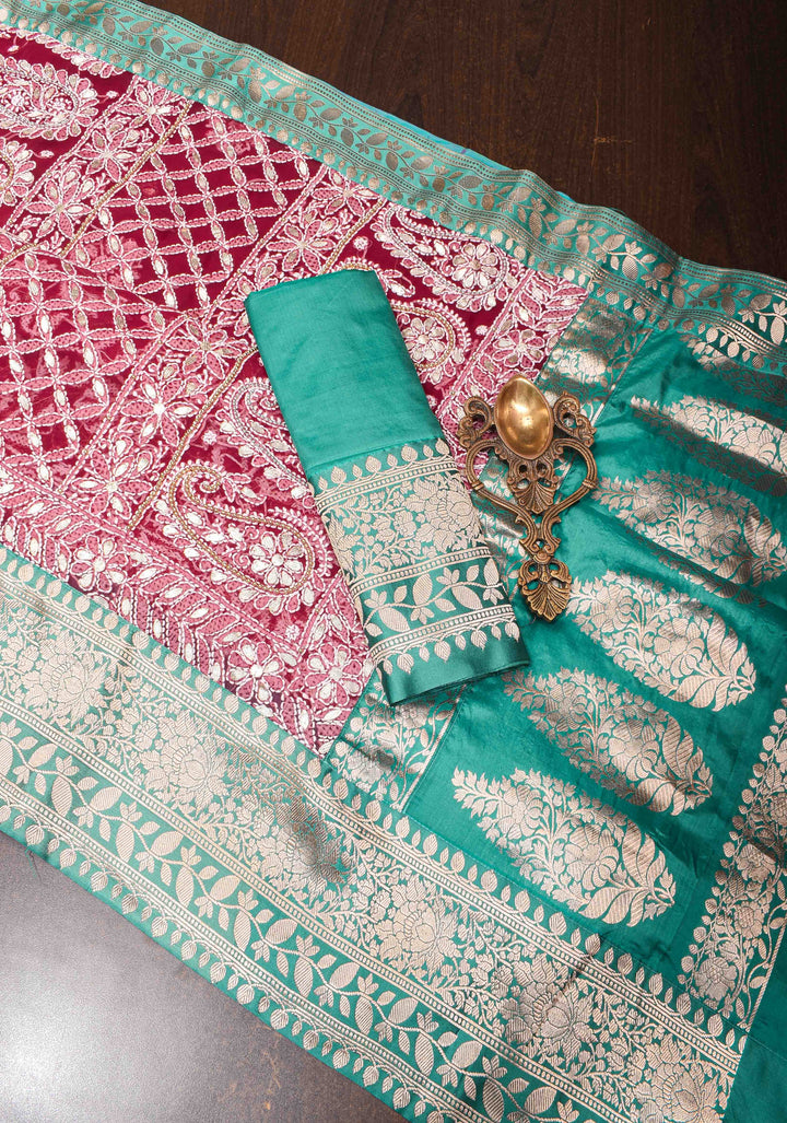 Authentic Hand Chikankari with Gotta Work on Maroon Georgette Saree and Fusion Kanjivaram Border