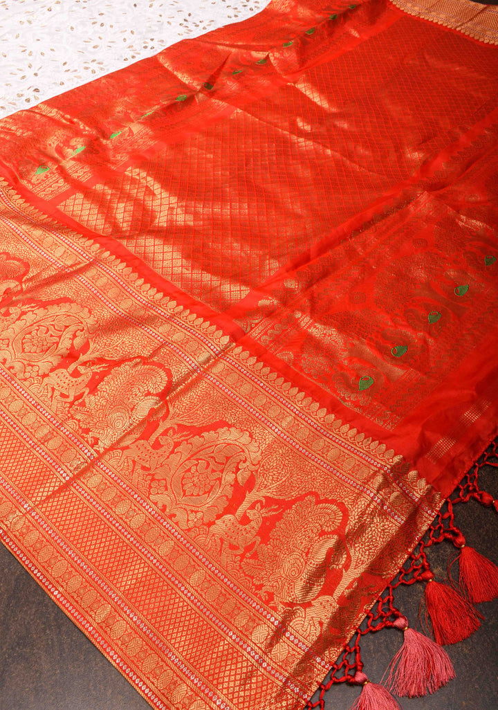 Exclusive Chikankari Full Jaal Saree in  White with Gottapatti Hand Work and Fusion Kanjivaram Border