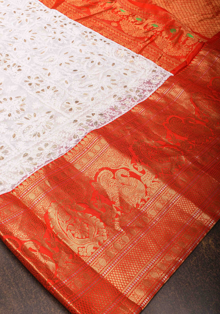 Exclusive Chikankari Full Jaal Saree in  White with Gottapatti Hand Work and Fusion Kanjivaram Border