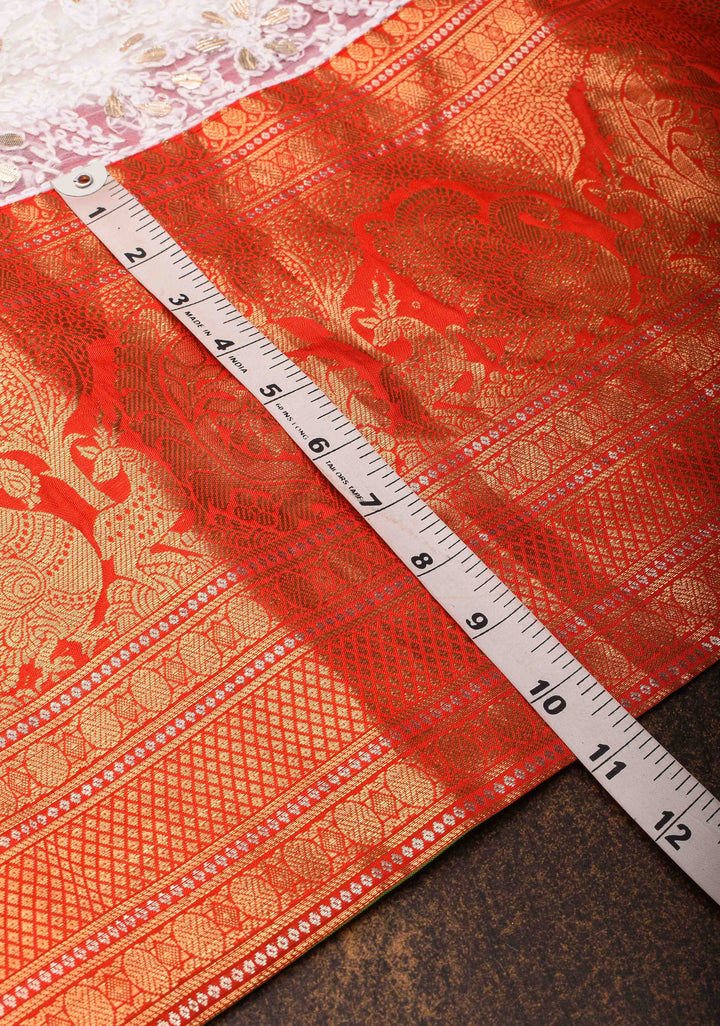 Exclusive Chikankari Full Jaal Saree in  White with Gottapatti Hand Work and Fusion Kanjivaram Border