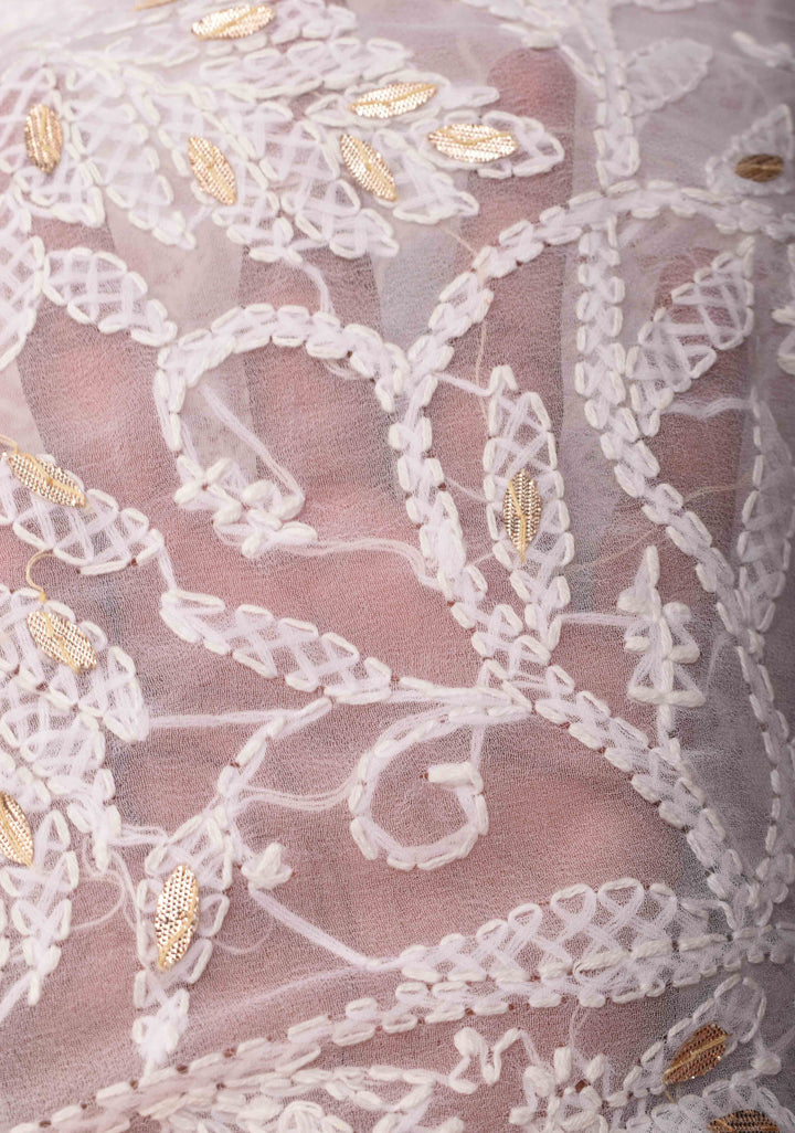 Exclusive Chikankari Full Jaal Saree in  White with Gottapatti Hand Work and Fusion Kanjivaram Border