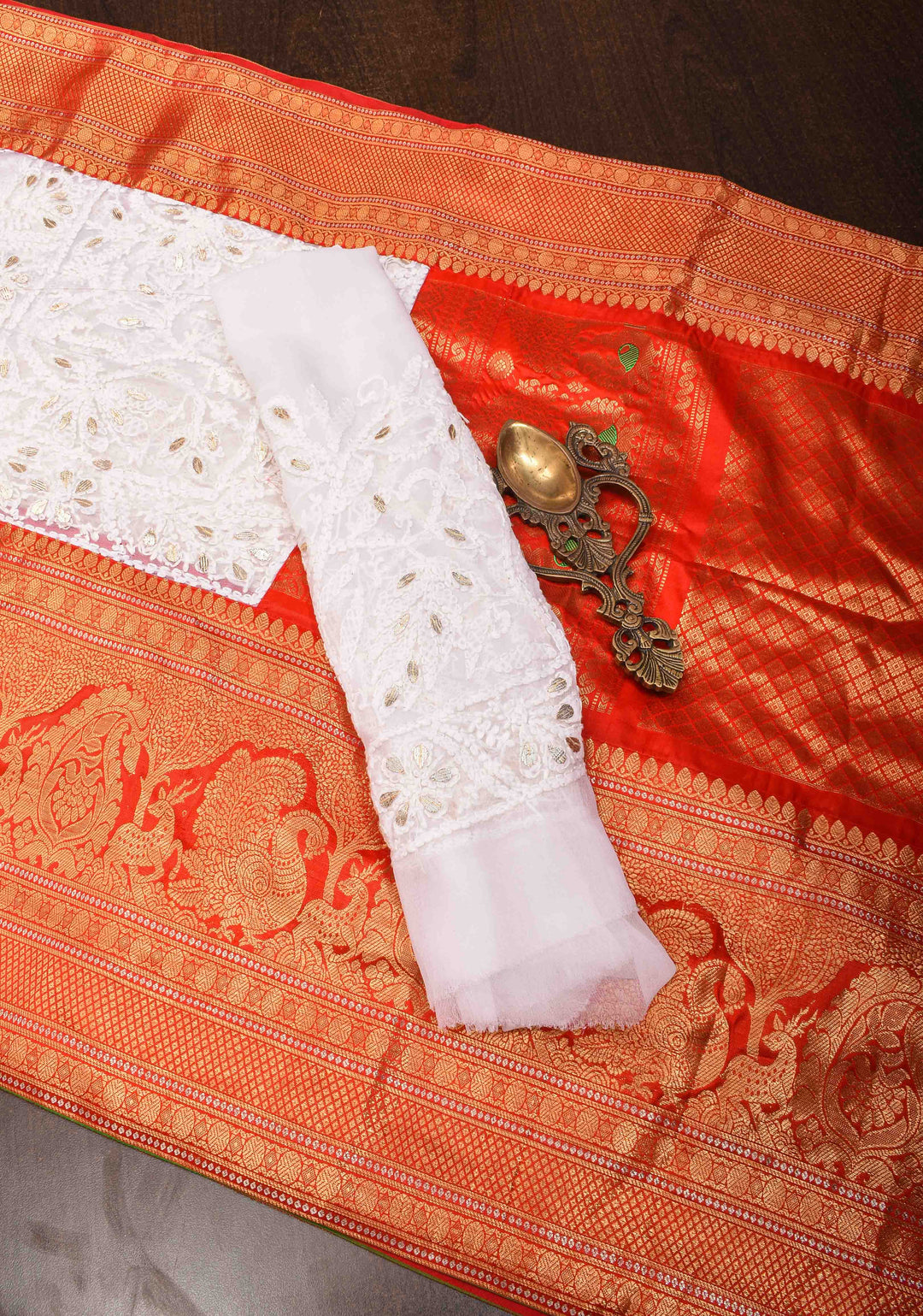 Exclusive Chikankari Full Jaal Saree in  White with Gottapatti Hand Work and Fusion Kanjivaram Border