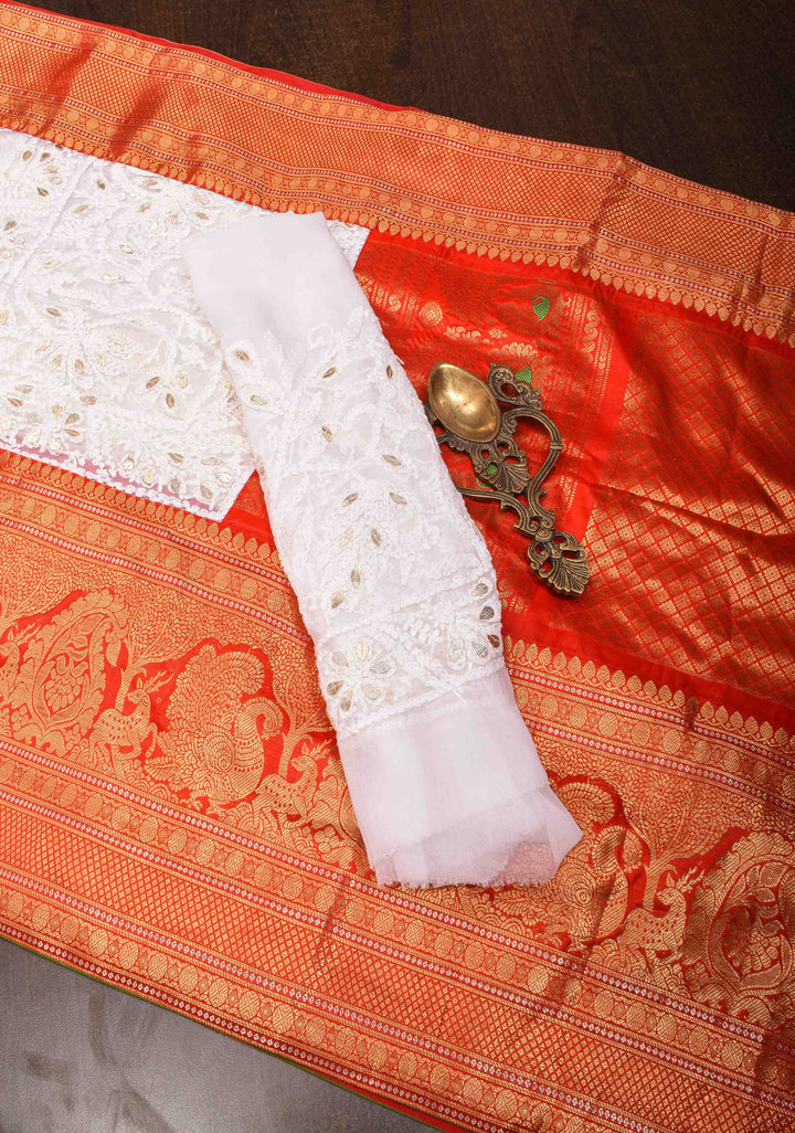 Exclusive Chikankari Full Jaal Saree in  White with Gottapatti Hand Work and Fusion Kanjivaram Border