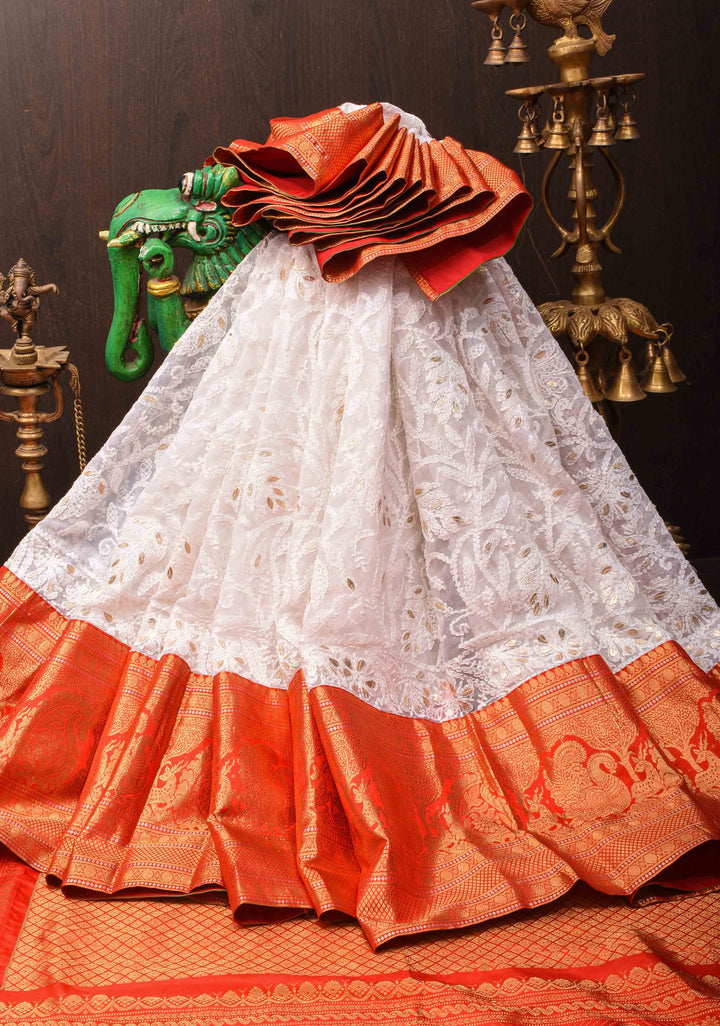 Exclusive Chikankari Full Jaal Saree in  White with Gottapatti Hand Work and Fusion Kanjivaram Border