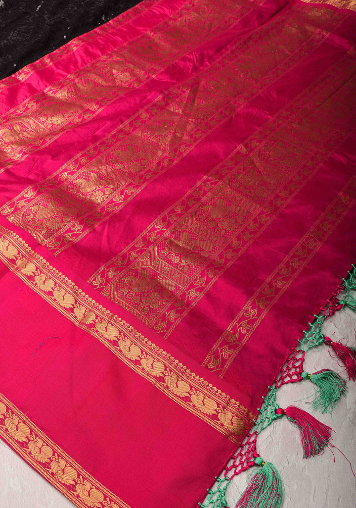 Black Tone on Tone Sequins Rose Jaal on Georgette Saree and Fusion Stack Border