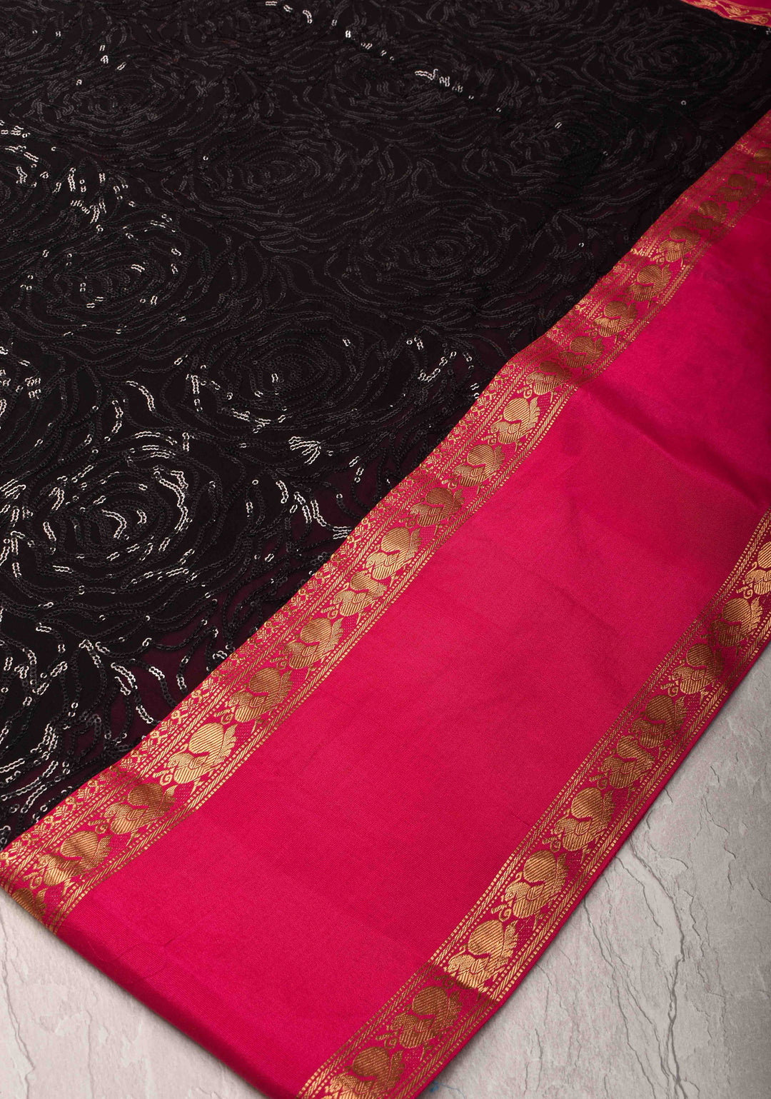 Black Tone on Tone Sequins Rose Jaal on Georgette Saree and Fusion Stack Border