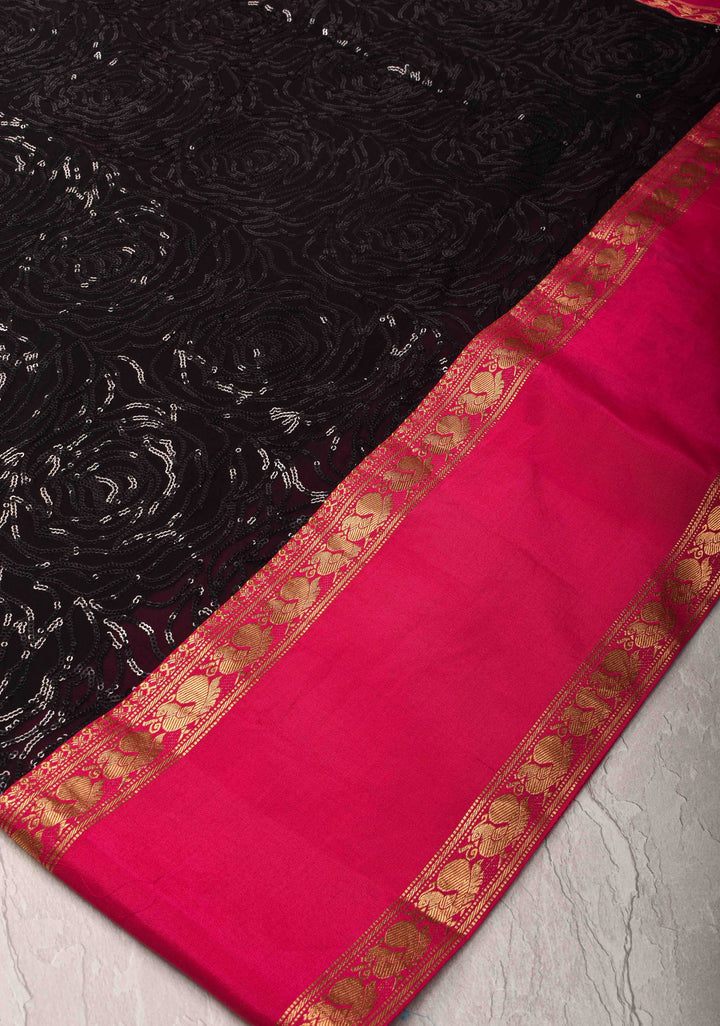 Black Tone on Tone Sequins Rose Jaal on Georgette Saree and Fusion Stack Border