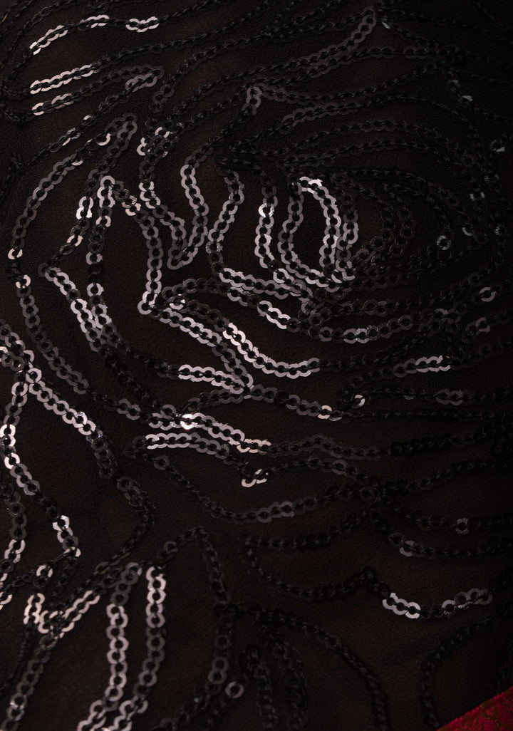 Black Tone on Tone Sequins Rose Jaal on Georgette Saree and Fusion Stack Border