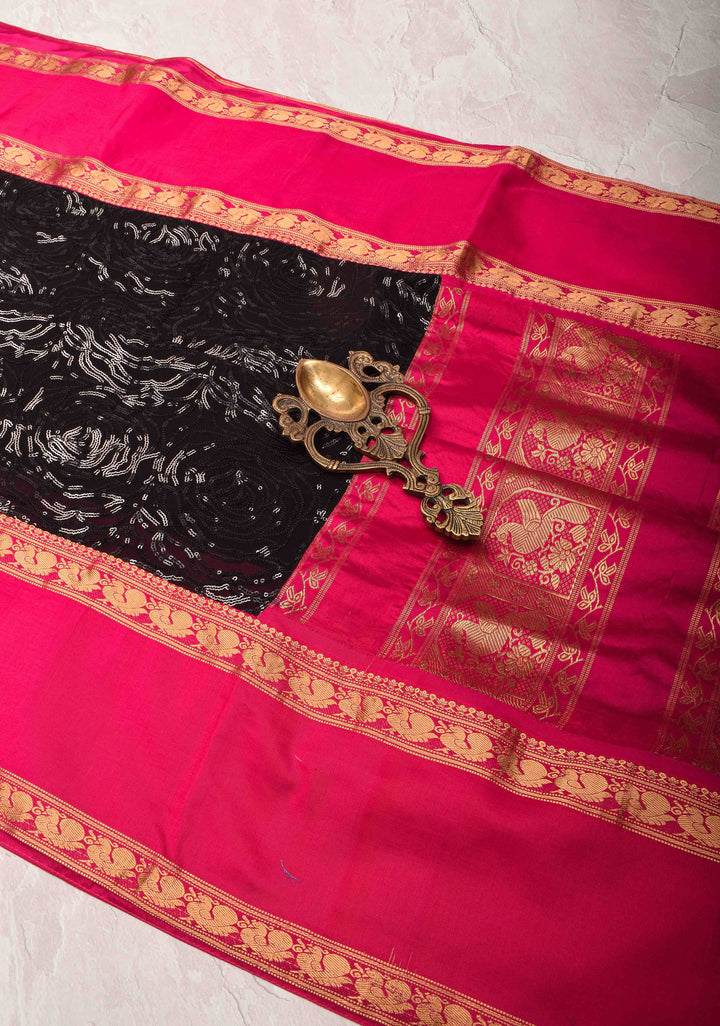 Black Tone on Tone Sequins Rose Jaal on Georgette Saree and Fusion Stack Border