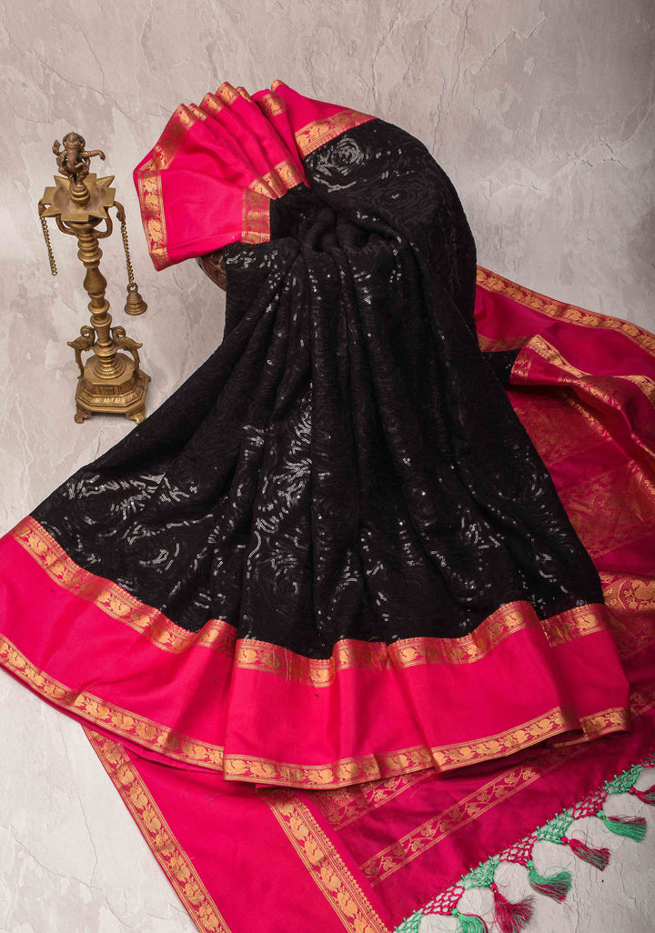 Black Tone on Tone Sequins Rose Jaal on Georgette Saree and Fusion Stack Border