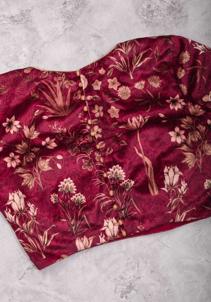 Maroon Velvet Floral Print Blouse with full sleeves for saree