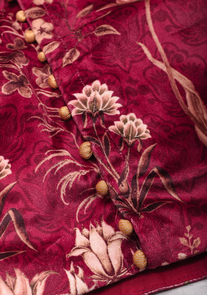 Maroon Velvet Floral Print Blouse with full sleeves for saree