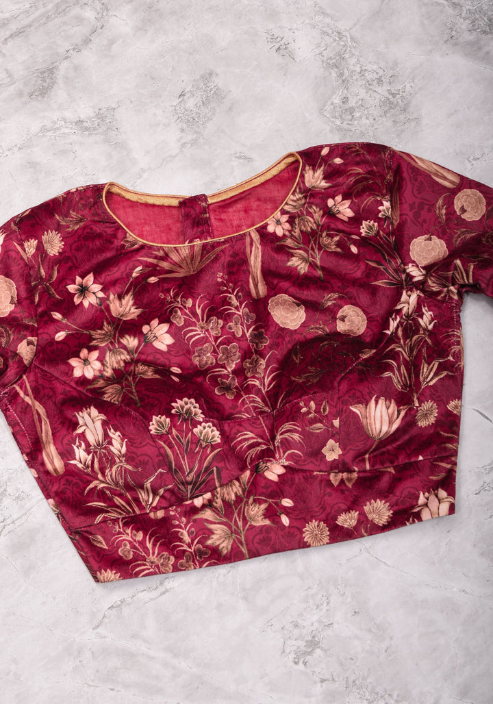 Maroon Velvet Floral Print Blouse with full sleeves for saree