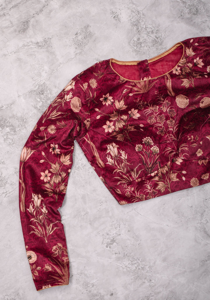 Maroon Velvet Floral Print Blouse with full sleeves for saree