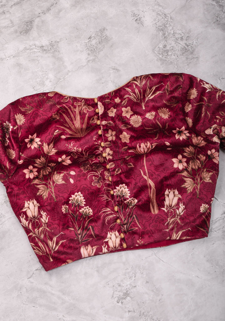 Maroon Velvet Floral Print Blouse with full sleeves for saree