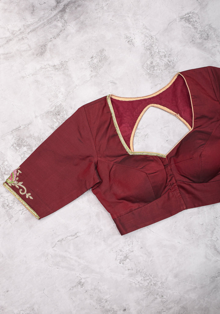 Made to Order: Hand Zardosi and French Knot Embroidered Blouse in Maroon | Shobitam Blouse