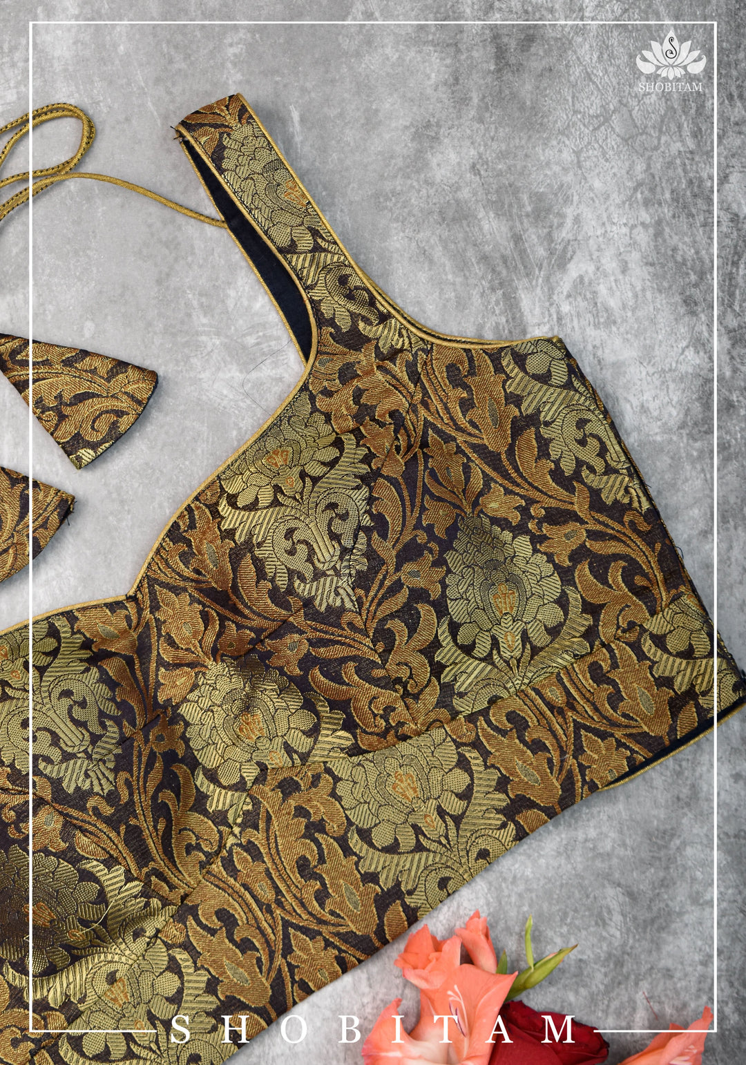 Size 34 Banarasi Brocade Blouse in Purple-Black with Antique Gold with Cross Strap back  | Shobitam Blouse