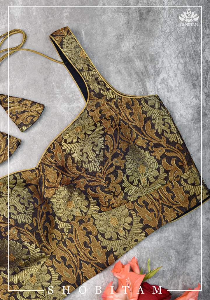Size 34 Banarasi Brocade Blouse in Purple-Black with Antique Gold with Cross Strap back  | Shobitam Blouse