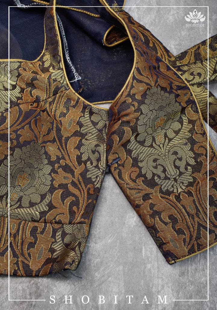 Size 34 Banarasi Brocade Blouse in Purple-Black with Antique Gold with Cross Strap back  | Shobitam Blouse