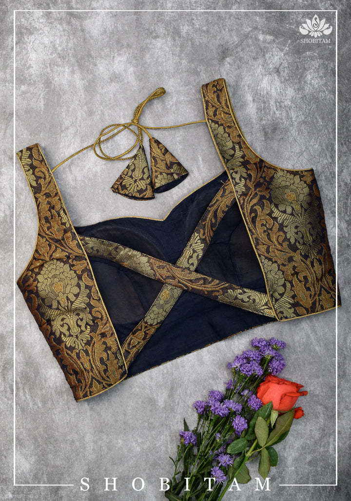 Size 34 Banarasi Brocade Blouse in Purple-Black with Antique Gold with Cross Strap back  | Shobitam Blouse