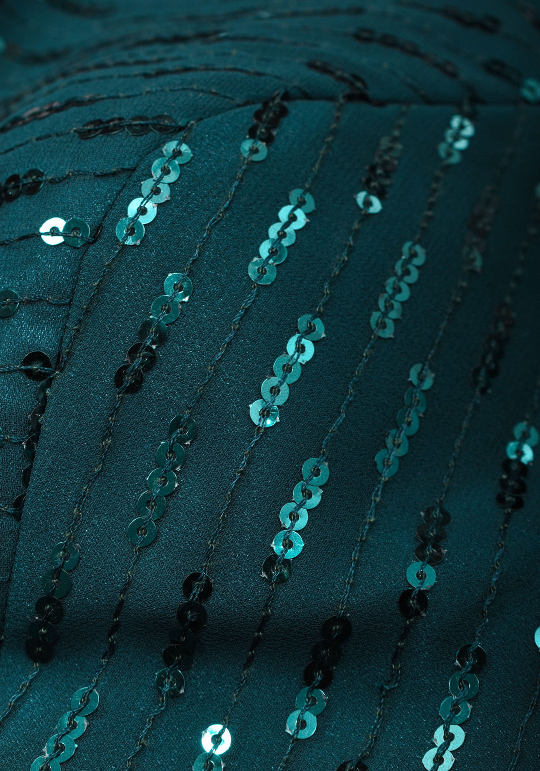 Size 38 : Raglan Line dark Teal Sequins Blouse with Halter Neck Collar and Triangle Cutout Back
