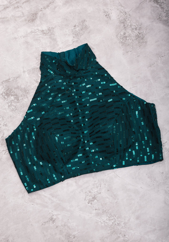 Size 38 : Raglan Line dark Teal Sequins Blouse with Halter Neck Collar and Triangle Cutout Back