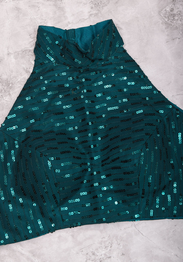 Size 38 : Raglan Line dark Teal Sequins Blouse with Halter Neck Collar and Triangle Cutout Back