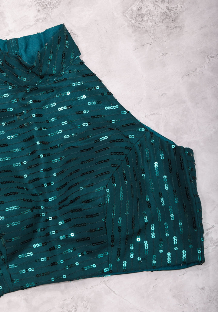 Size 38 : Raglan Line dark Teal Sequins Blouse with Halter Neck Collar and Triangle Cutout Back