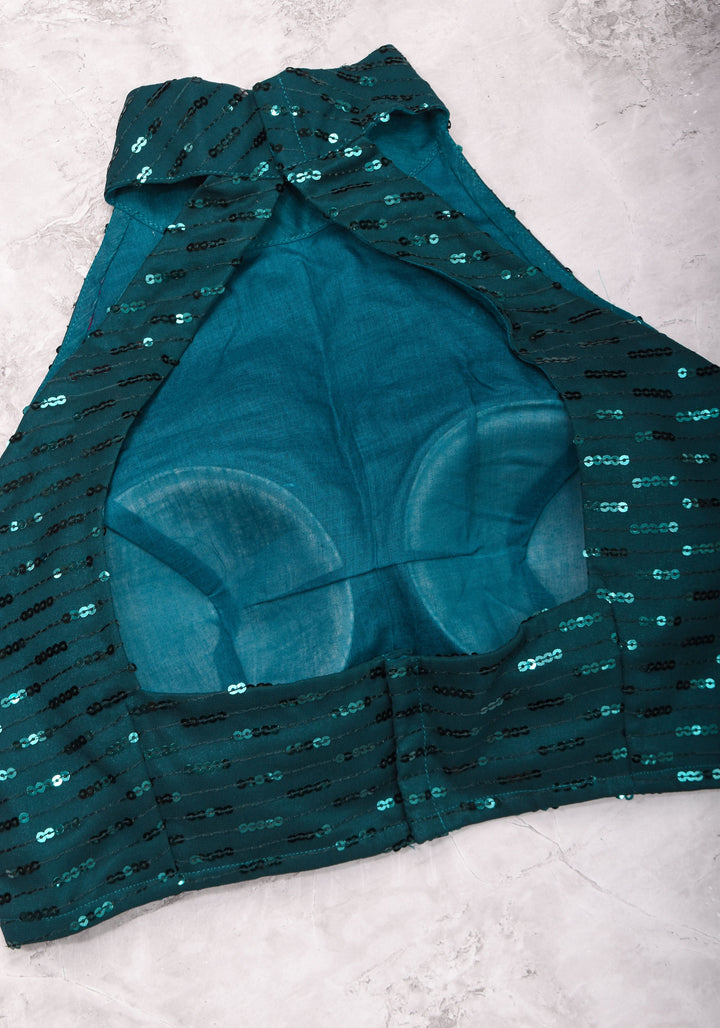Size 38 : Raglan Line dark Teal Sequins Blouse with Halter Neck Collar and Triangle Cutout Back