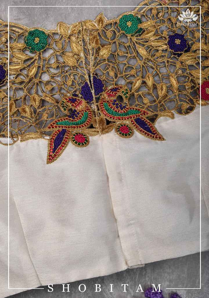 Make your own size: Hand Cutwork Yoke raw Silk Blouse with meenakari resham |Shobitam Blouse