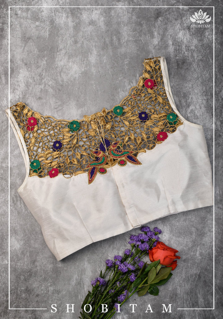 Make your own size: Hand Cutwork Yoke raw Silk Blouse with meenakari resham |Shobitam Blouse