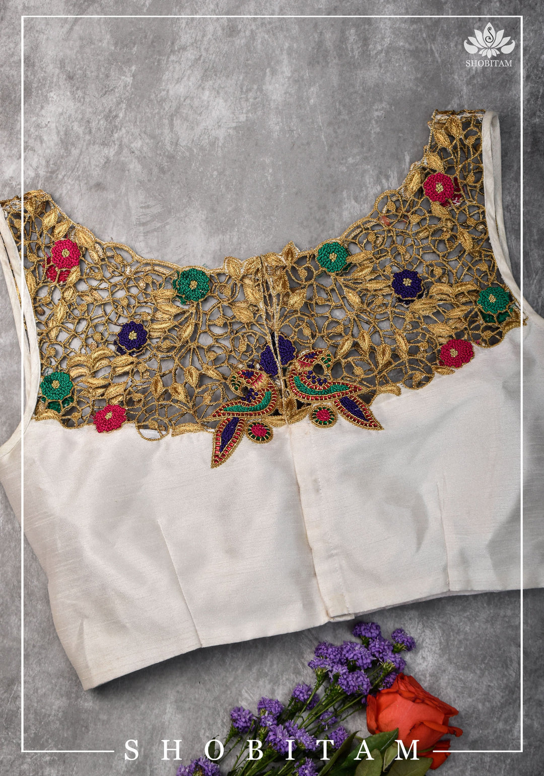 Make your own size: Hand Cutwork Yoke raw Silk Blouse with meenakari resham |Shobitam Blouse