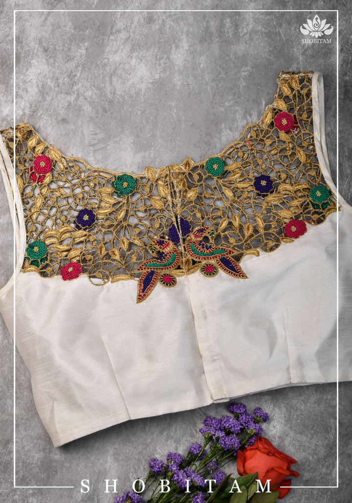 Make your own size: Hand Cutwork Yoke raw Silk Blouse with meenakari resham |Shobitam Blouse