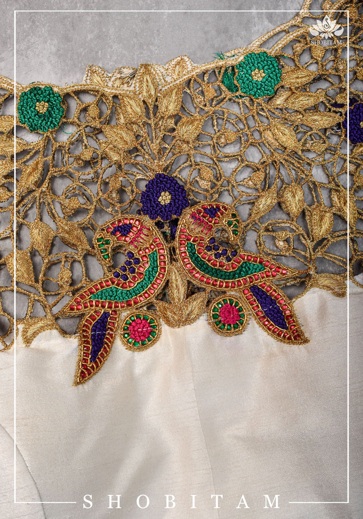 Make your own size: Hand Cutwork Yoke raw Silk Blouse with meenakari resham |Shobitam Blouse