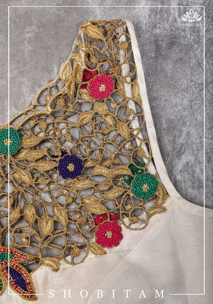 Make your own size: Hand Cutwork Yoke raw Silk Blouse with meenakari resham |Shobitam Blouse