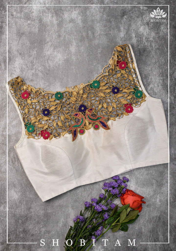 Make your own size: Hand Cutwork Yoke raw Silk Blouse with meenakari resham |Shobitam Blouse