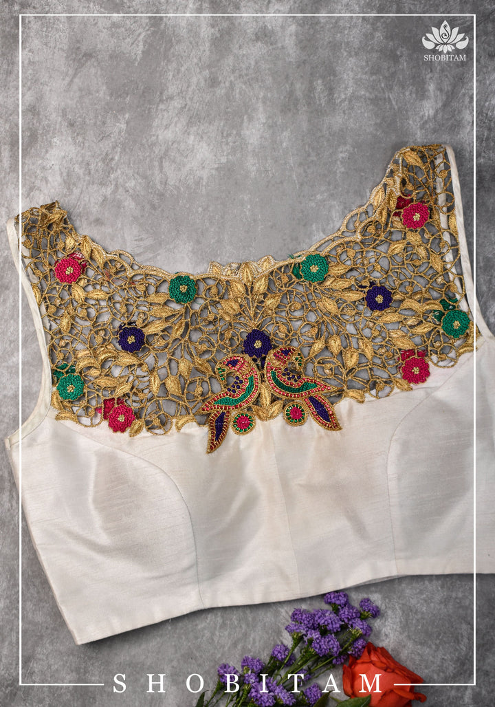 Make your own size: Hand Cutwork Yoke raw Silk Blouse with meenakari resham |Shobitam Blouse