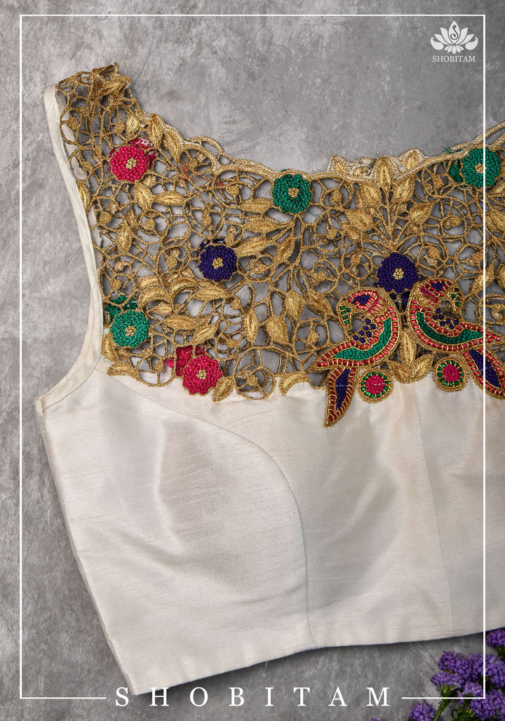 Make your own size: Hand Cutwork Yoke raw Silk Blouse with meenakari resham |Shobitam Blouse
