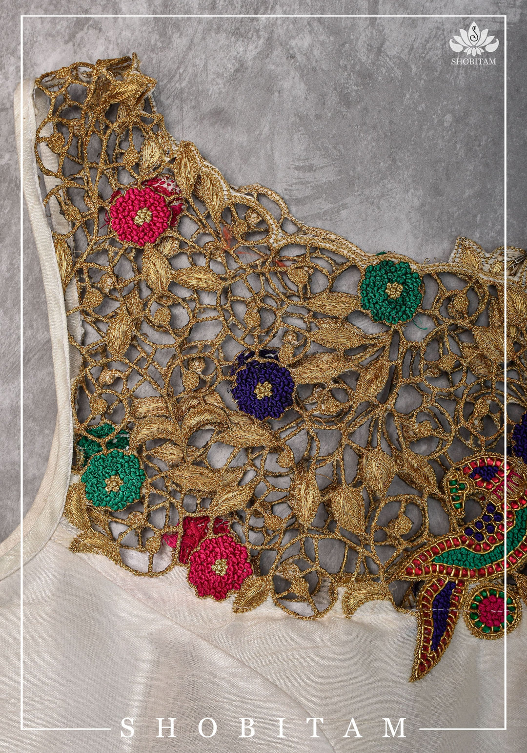Make your own size: Hand Cutwork Yoke raw Silk Blouse with meenakari resham |Shobitam Blouse
