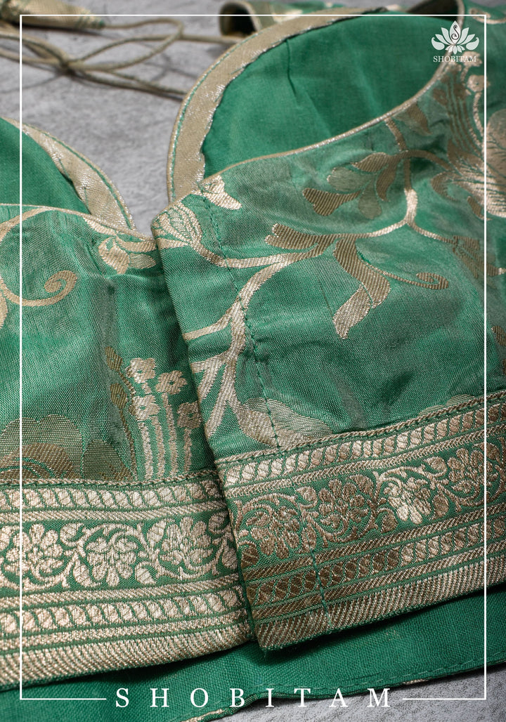 Size 42 Pure Silk Plunge Neck Blouse In Sea Green with Jaal Zari  | Shobitam Saree