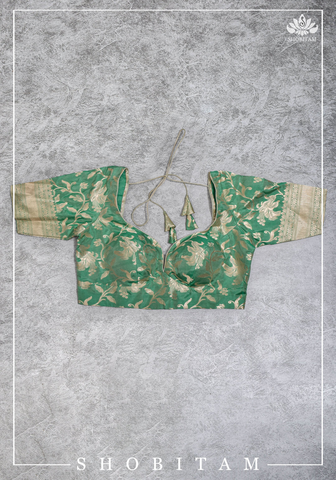 Size 42 Pure Silk Plunge Neck Blouse In Sea Green with Jaal Zari  | Shobitam Saree