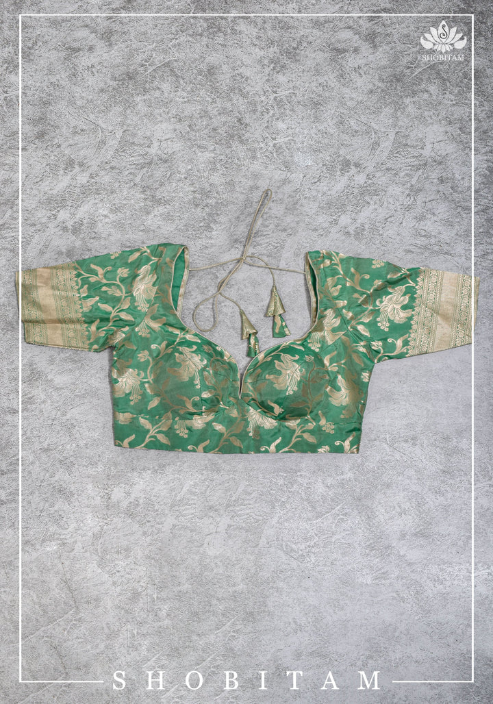 Size 42 Pure Silk Plunge Neck Blouse In Sea Green with Jaal Zari  | Shobitam Saree