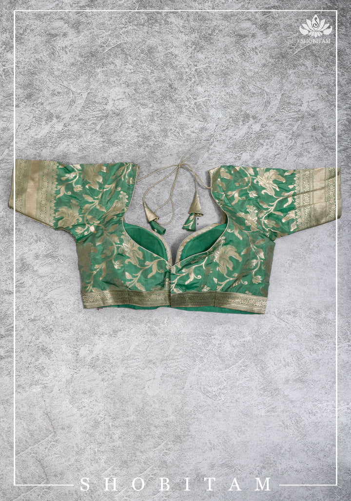Size 42 Pure Silk Plunge Neck Blouse In Sea Green with Jaal Zari  | Shobitam Saree