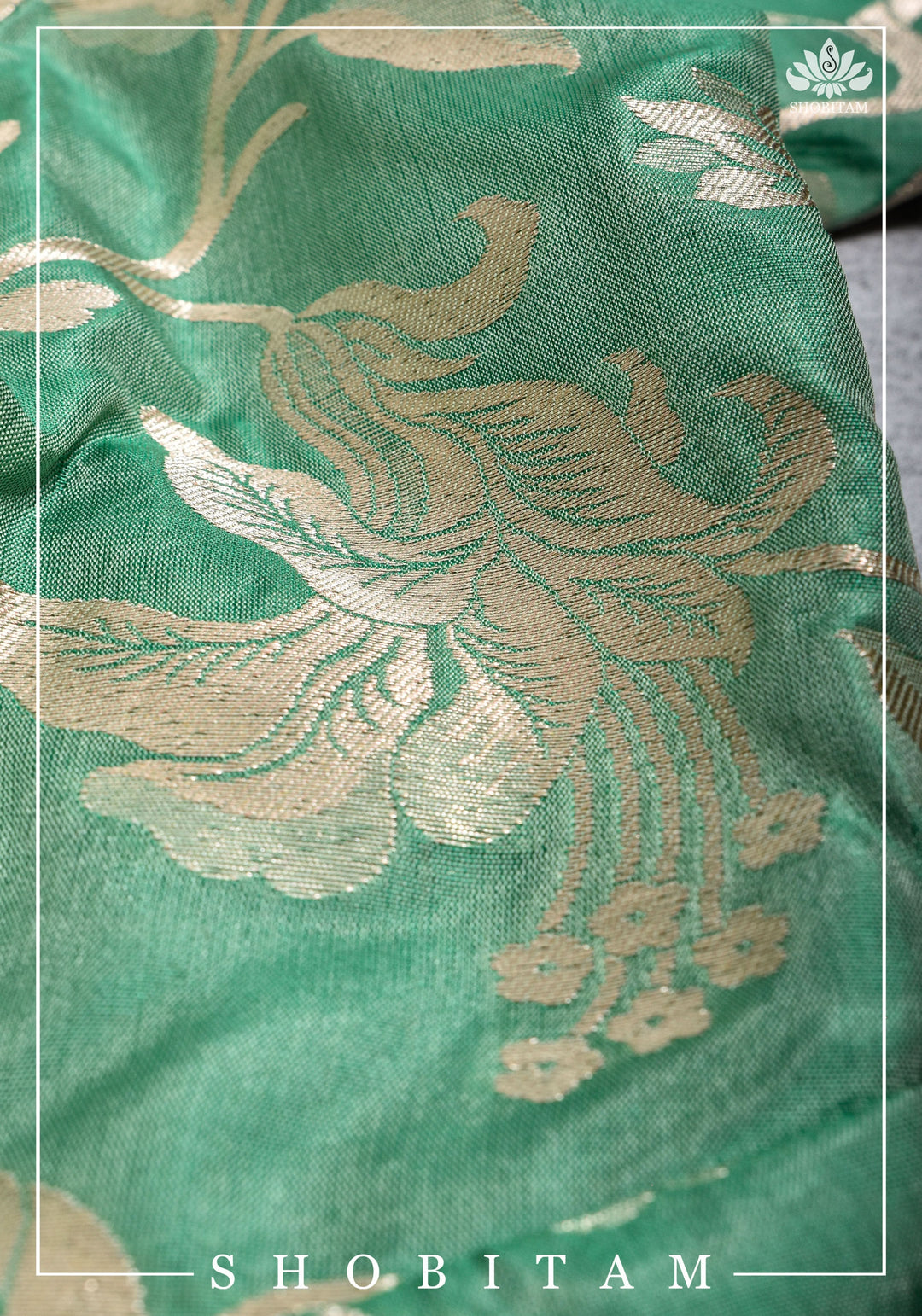 Size 42 Pure Silk Plunge Neck Blouse In Sea Green with Jaal Zari  | Shobitam Saree