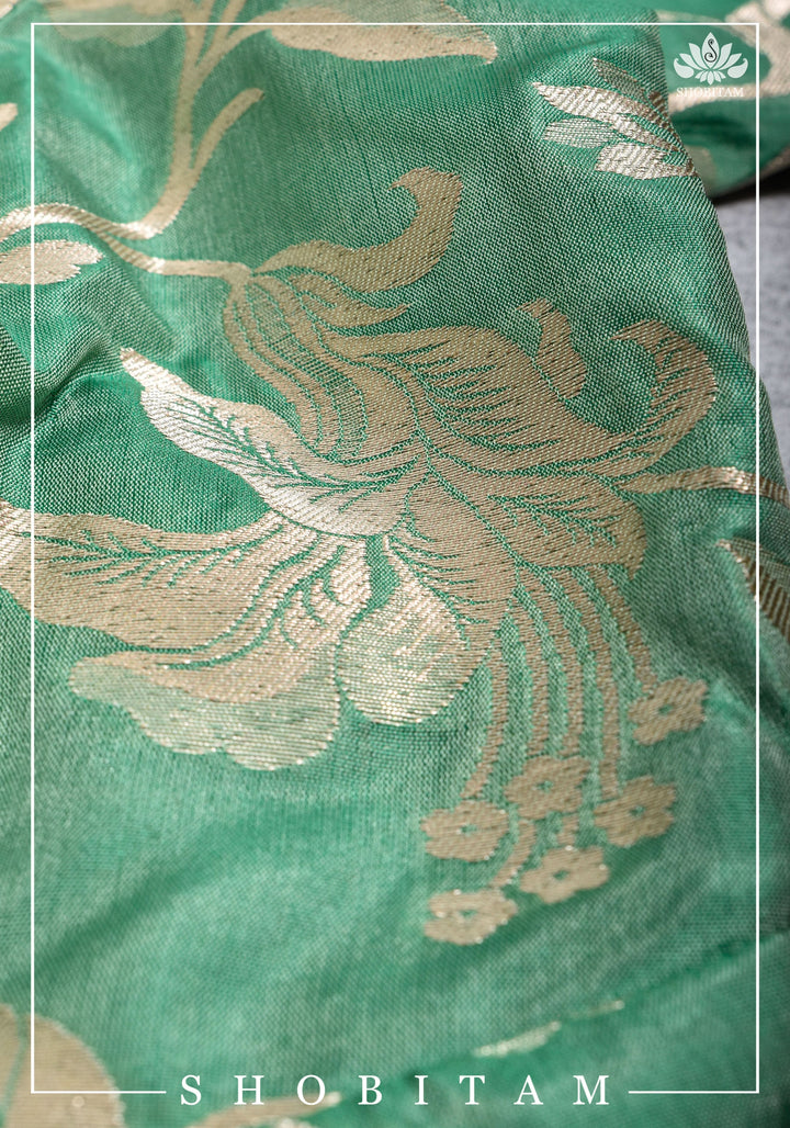 Size 42 Pure Silk Plunge Neck Blouse In Sea Green with Jaal Zari  | Shobitam Saree