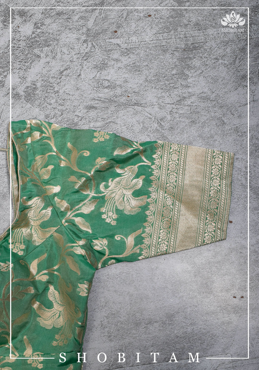 Size 42 Pure Silk Plunge Neck Blouse In Sea Green with Jaal Zari  | Shobitam Saree