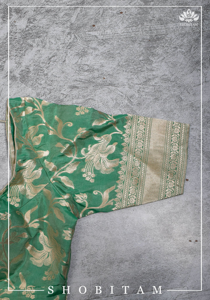 Size 42 Pure Silk Plunge Neck Blouse In Sea Green with Jaal Zari  | Shobitam Saree