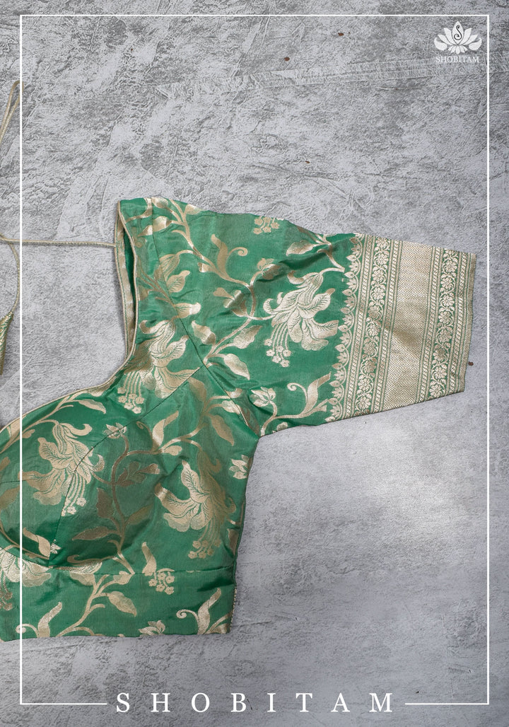Size 42 Pure Silk Plunge Neck Blouse In Sea Green with Jaal Zari  | Shobitam Saree